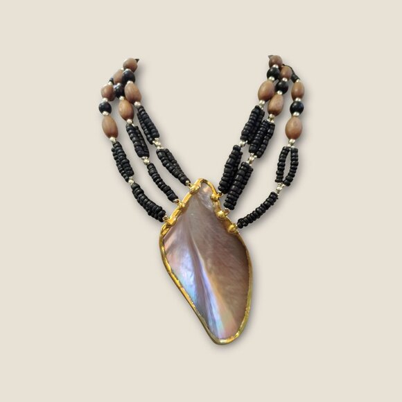 Large Mother-Of-Pearl Pendant Necklace With Black & Gold Beads Multi-Strand Desi - Picture 4 of 5